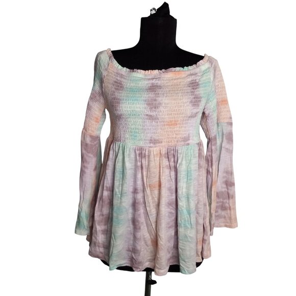 Torrid Size 0 L 12 Top Baby Doll Off Shoulder Tie Dye Smocked Bell Sleeves Knit - Picture 1 of 10